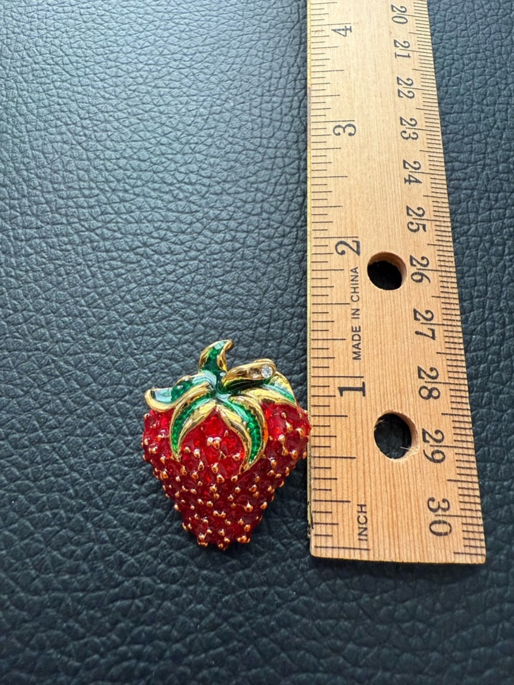 Vintage Gold-Tone Enamel Red Strawberry Brooch with Green Enamel Leaves